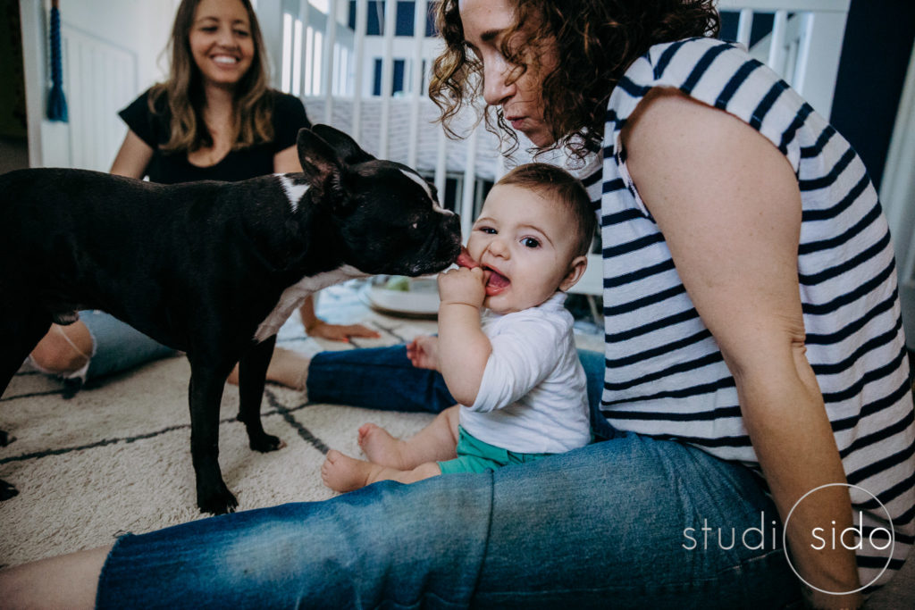 Two mamas, baby and dog sitting on the floor together - Silver Lake, Los Angeles, CA