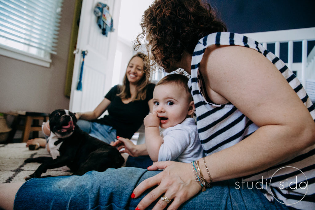 Two mommies, a baby and a dog, at home in SIlver Lake, Los Angeles, CA