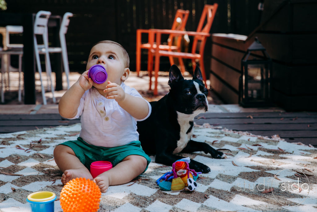 A baby boy and his dog with toys
